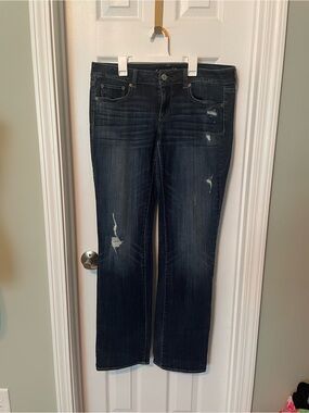 American Eagle Dark Wash Distressed Jeans - straight leg, mid rise, extra long.
